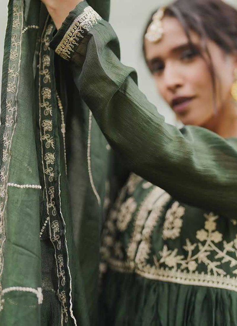 Floral Embroidered Pleated Kurta With Trousers & Dupatta