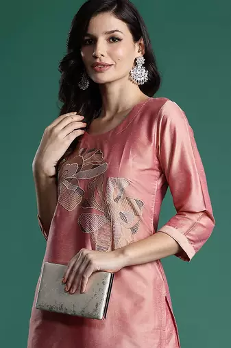 Floral Embroidered Thread Work Kurta with Trousers