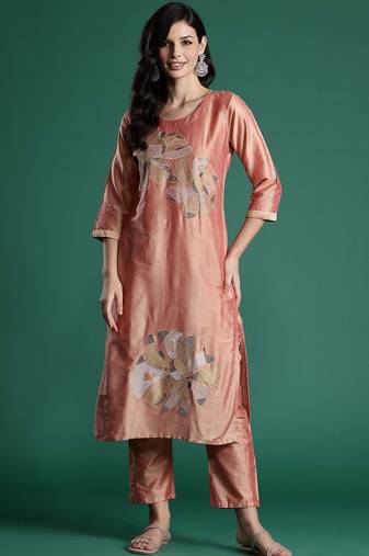 Floral Embroidered Thread Work Kurta with Trousers