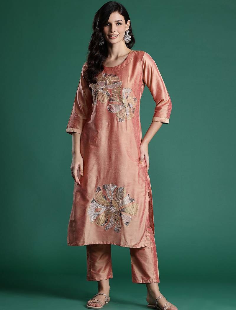 Floral Embroidered Thread Work Kurta with Trousers