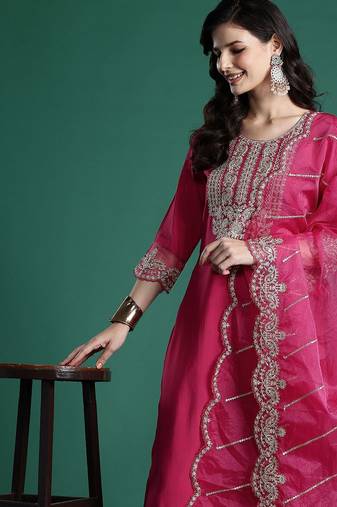 Women Ethnic Motifs Embroidered Zari Liva Kurta With Trousers & Dupatta