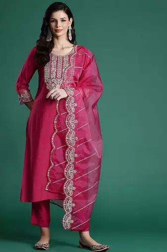 Women Ethnic Motifs Embroidered Zari Liva Kurta With Trousers & Dupatta