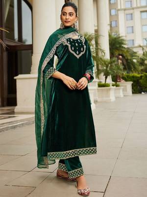 Women Ethnic Motifs Embroidered Regular Velvet Kurta with Trousers & With Dupatta 3