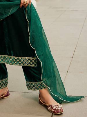 Women Ethnic Motifs Embroidered Regular Velvet Kurta with Trousers & With Dupatta 5