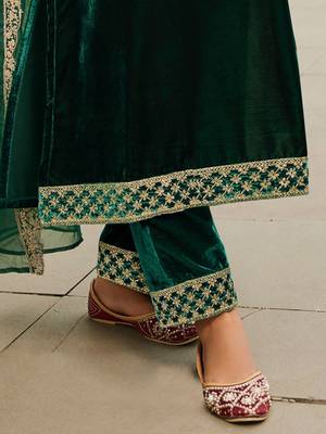Women Ethnic Motifs Embroidered Regular Velvet Kurta with Trousers & With Dupatta 6