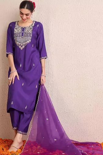 Women Ethnic Motifs Embroidered Regular Sequinned Kurta with Trousers & With Dupatta