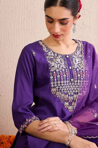Women Ethnic Motifs Embroidered Regular Sequinned Kurta with Trousers & With Dupatta