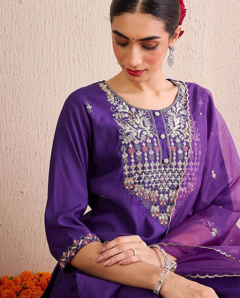 Women Ethnic Motifs Embroidered Regular Sequinned Kurta with Trousers & With Dupatta