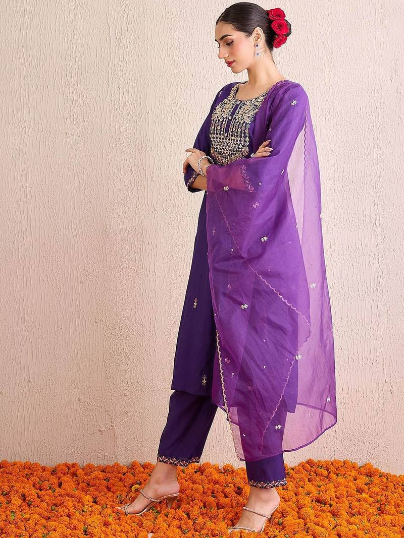 Women Ethnic Motifs Embroidered Regular Sequinned Kurta with Trousers & With Dupatta