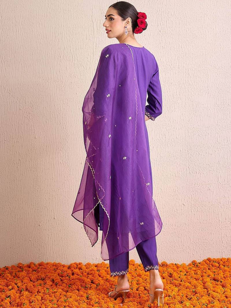 Women Ethnic Motifs Embroidered Regular Sequinned Kurta with Trousers & With Dupatta