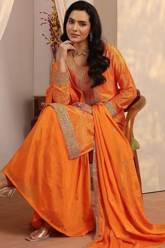 Women Bandhani Printed Regular Gotta Patti Kurta with Sharara & With Dupatta