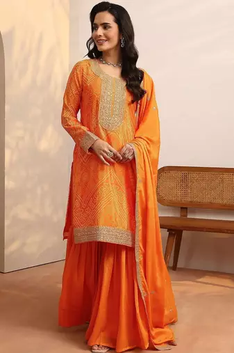 Women Bandhani Printed Regular Gotta Patti Kurta with Sharara & With Dupatta