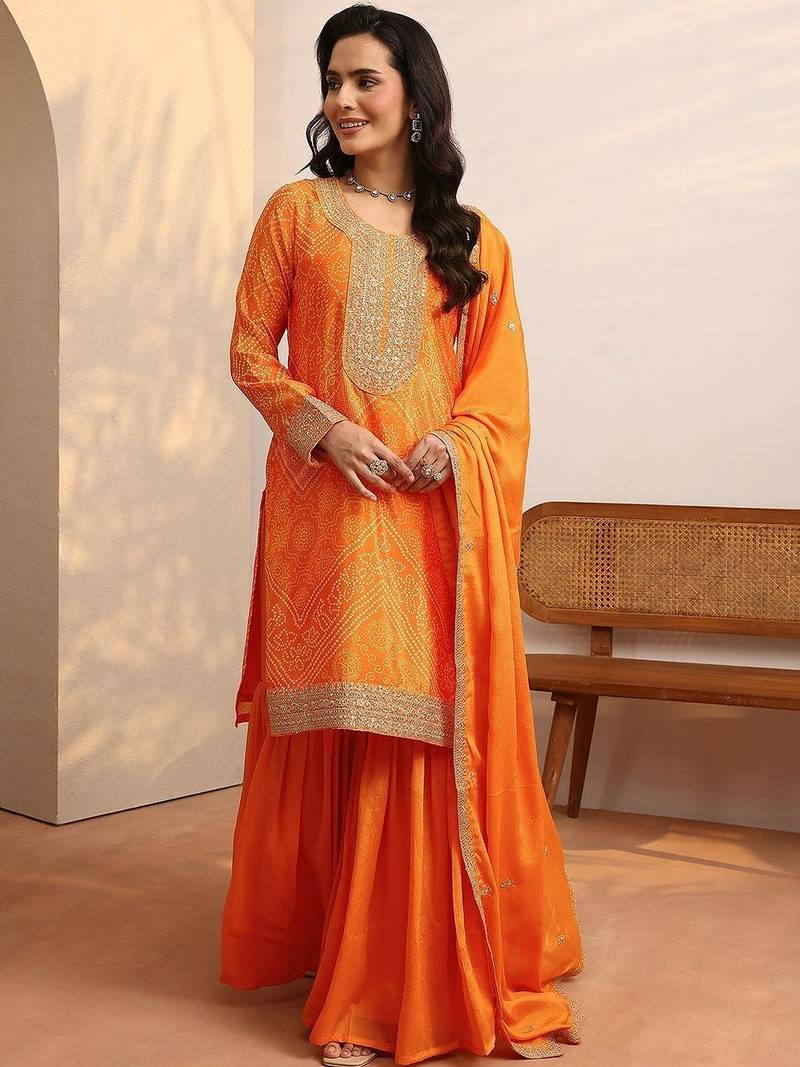 Women Bandhani Printed Regular Gotta Patti Kurta with Sharara & With Dupatta