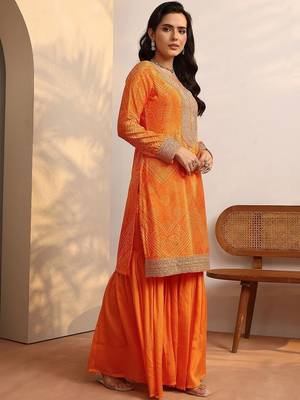 Women Bandhani Printed Regular Gotta Patti Kurta with Sharara & With Dupatta 3