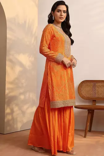 Women Bandhani Printed Regular Gotta Patti Kurta with Sharara & With Dupatta
