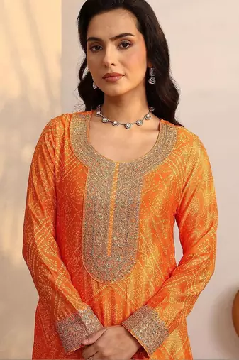 Women Bandhani Printed Regular Gotta Patti Kurta with Sharara & With Dupatta