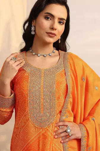 Women Bandhani Printed Regular Gotta Patti Kurta with Sharara & With Dupatta