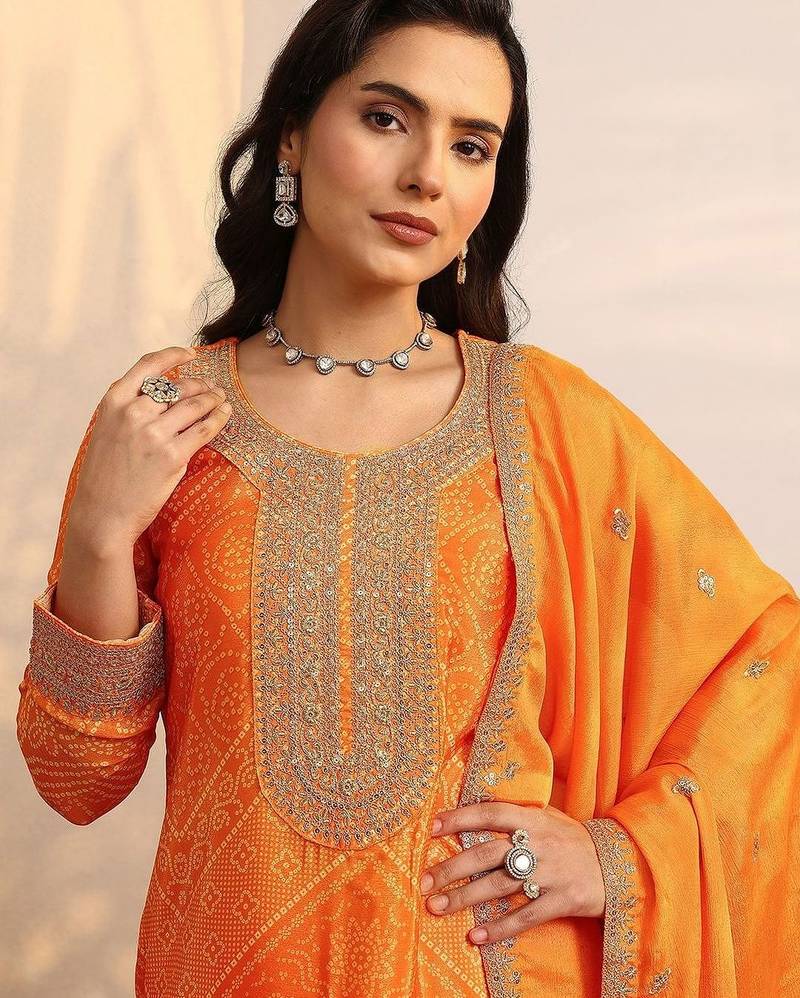 Women Bandhani Printed Regular Gotta Patti Kurta with Sharara & With Dupatta
