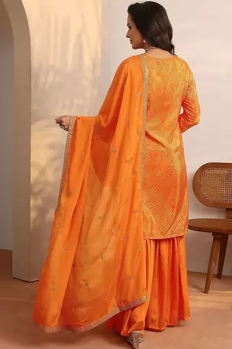 Women Bandhani Printed Regular Gotta Patti Kurta with Sharara & With Dupatta