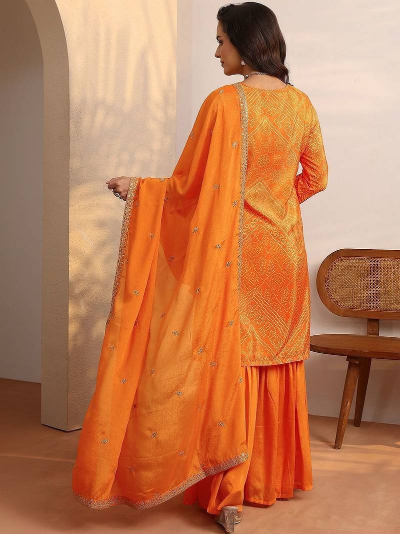 Women Bandhani Printed Regular Gotta Patti Kurta with Sharara & With Dupatta