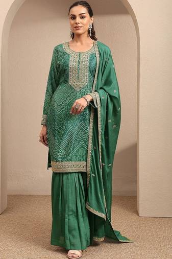 Women Ethnic Motifs Printed Regular Thread Work Kurta with Sharara & With Dupatta