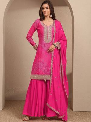 Women Bandhani Printed Regular Thread Work Kurta with Sharara & With Dupatta 1