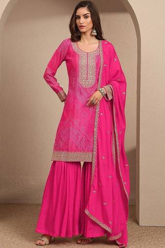 Women Bandhani Printed Regular Thread Work Kurta with Sharara & With Dupatta