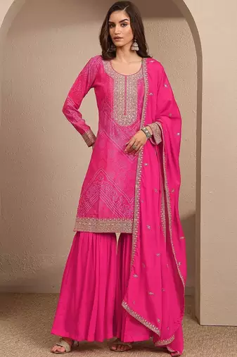 Women Bandhani Printed Regular Thread Work Kurta with Sharara & With Dupatta