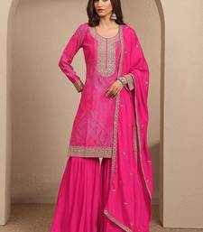 Women Bandhani Printed Regular Thread Work Kurta with Sharara & With Dupatta