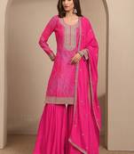 Women Bandhani Printed Regular Thread Work Kurta with Sharara & With Dupatta