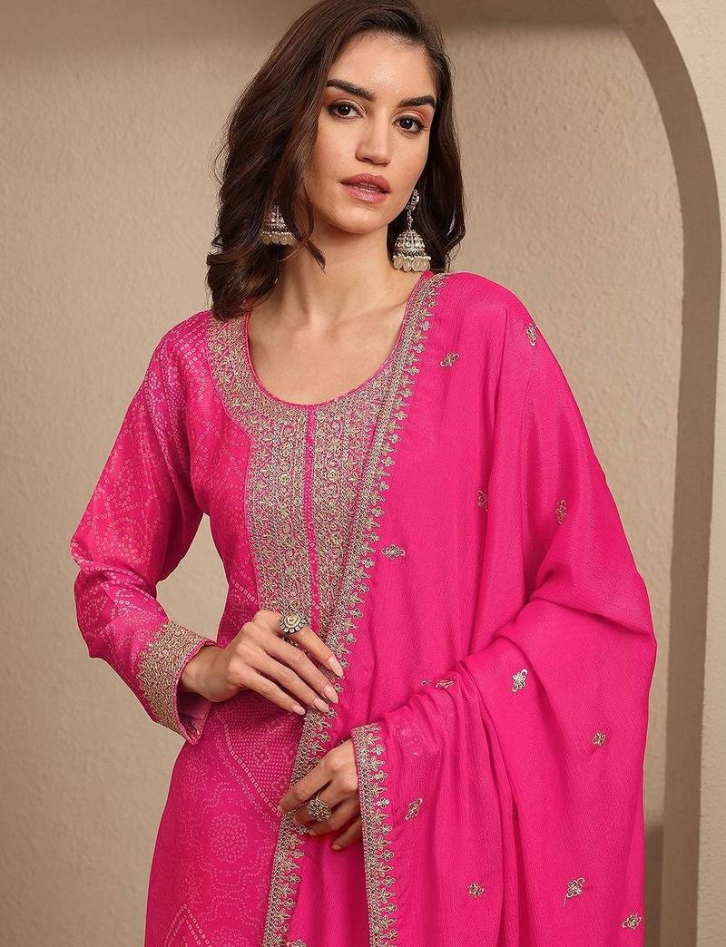 Women Bandhani Printed Regular Thread Work Kurta with Sharara & With Dupatta