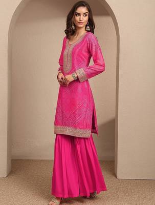 Women Bandhani Printed Regular Thread Work Kurta with Sharara & With Dupatta 3
