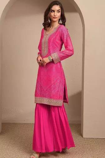 Women Bandhani Printed Regular Thread Work Kurta with Sharara & With Dupatta