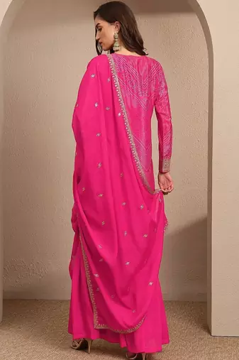 Women Bandhani Printed Regular Thread Work Kurta with Sharara & With Dupatta