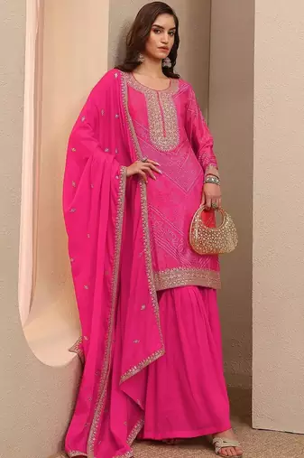 Women Bandhani Printed Regular Thread Work Kurta with Sharara & With Dupatta