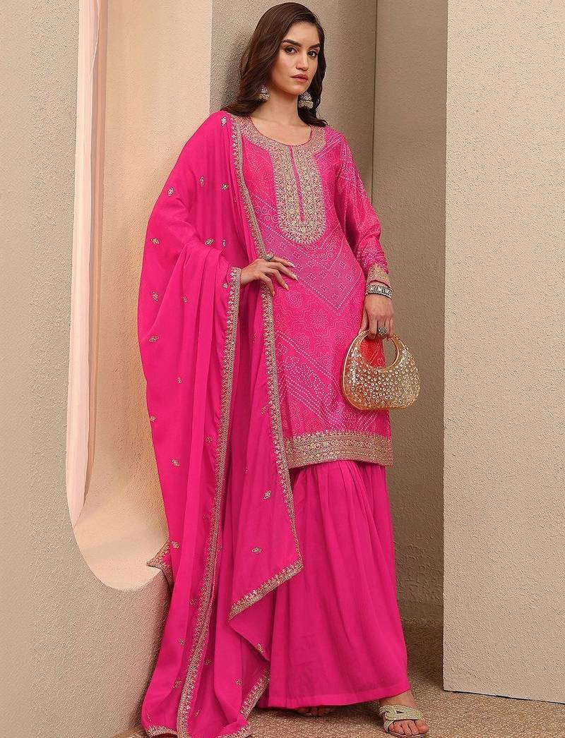 Women Bandhani Printed Regular Thread Work Kurta with Sharara & With Dupatta