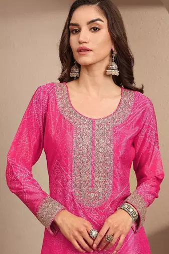 Women Bandhani Printed Regular Thread Work Kurta with Sharara & With Dupatta
