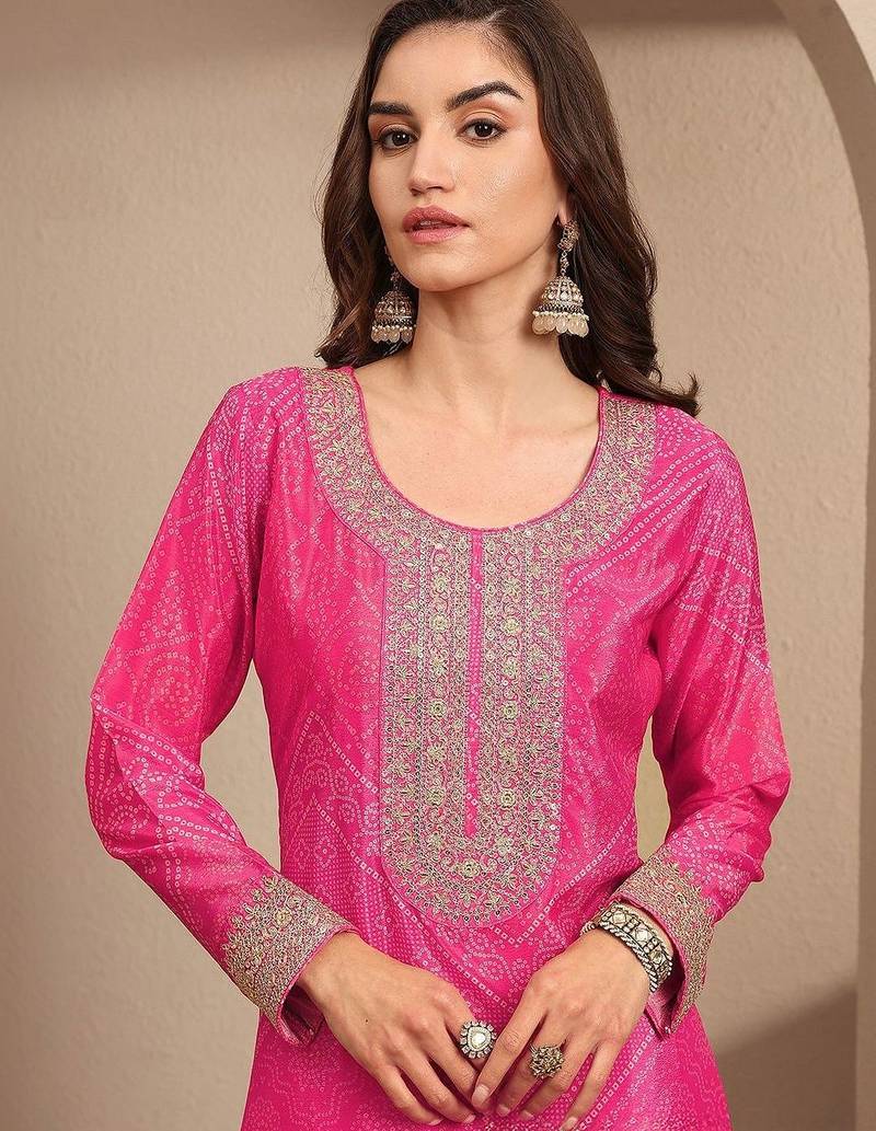 Women Bandhani Printed Regular Thread Work Kurta with Sharara & With Dupatta