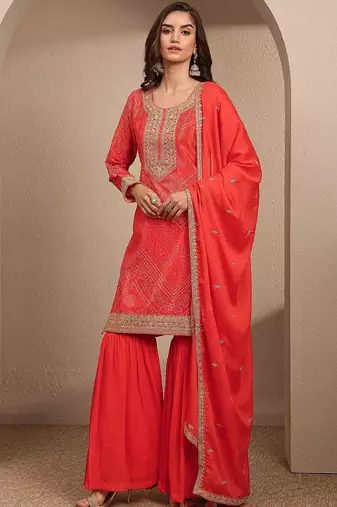 Women Ethnic Motifs Printed Regular Thread Work Kurta with Sharara & With Dupatta