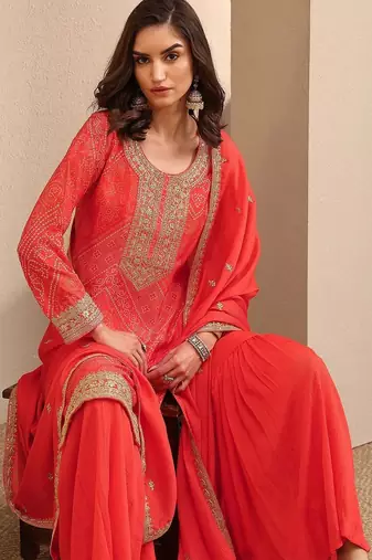 Women Ethnic Motifs Printed Regular Thread Work Kurta with Sharara & With Dupatta