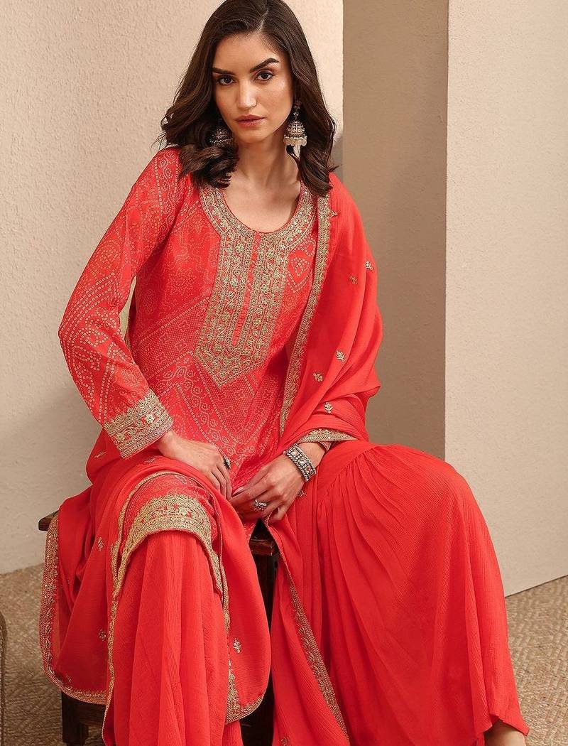Women Ethnic Motifs Printed Regular Thread Work Kurta with Sharara & With Dupatta
