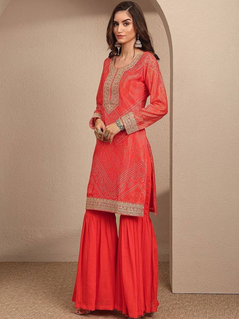 Women Ethnic Motifs Printed Regular Thread Work Kurta with Sharara & With Dupatta