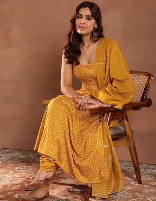 Womens Mustard Printed Rayon Anarkali Kurta With Churidar & Dupatta 1