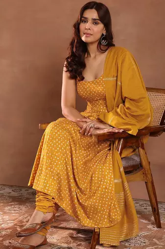 Womens Mustard Printed Rayon Anarkali Kurta With Churidar & Dupatta