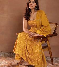 Womens Mustard Printed Rayon Anarkali Kurta With Churidar & Dupatta