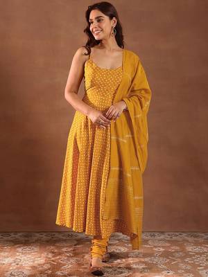 Womens Mustard Printed Rayon Anarkali Kurta With Churidar & Dupatta 2