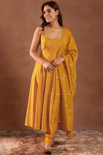 Womens Mustard Printed Rayon Anarkali Kurta With Churidar & Dupatta