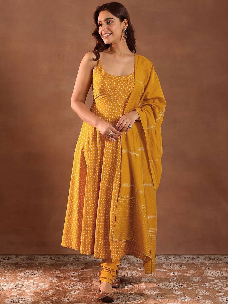 Womens Mustard Printed Rayon Anarkali Kurta With Churidar & Dupatta
