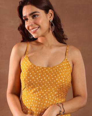 Womens Mustard Printed Rayon Anarkali Kurta With Churidar & Dupatta 3