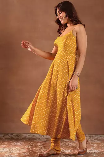 Womens Mustard Printed Rayon Anarkali Kurta With Churidar & Dupatta